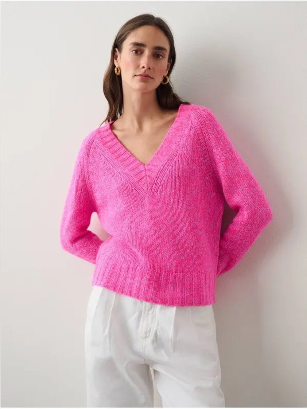 White + Warren Women’s Cashmere Air Plush V-Neck In Pink Marl Sweater Size XS